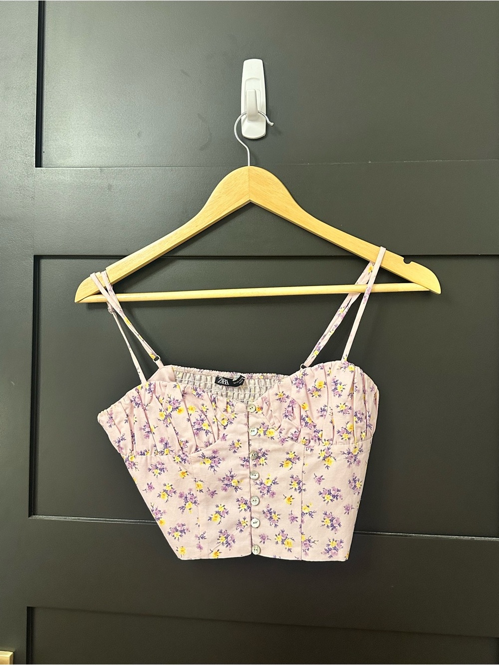 Zara Lavender Floral Button-Front Crop Top with Yellow Accents